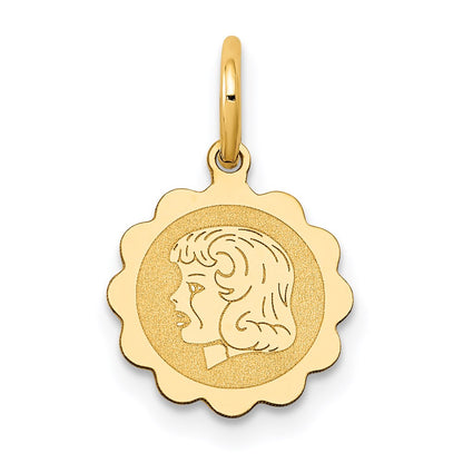 14K Yellow Gold Girl Head On .009 Gauge Engravable Scalloped Disc Charm