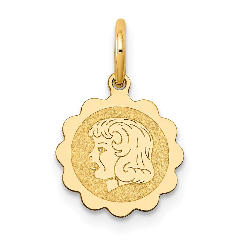 14K Yellow Gold Girl Head On .009 Gauge Engravable Scalloped Disc Charm