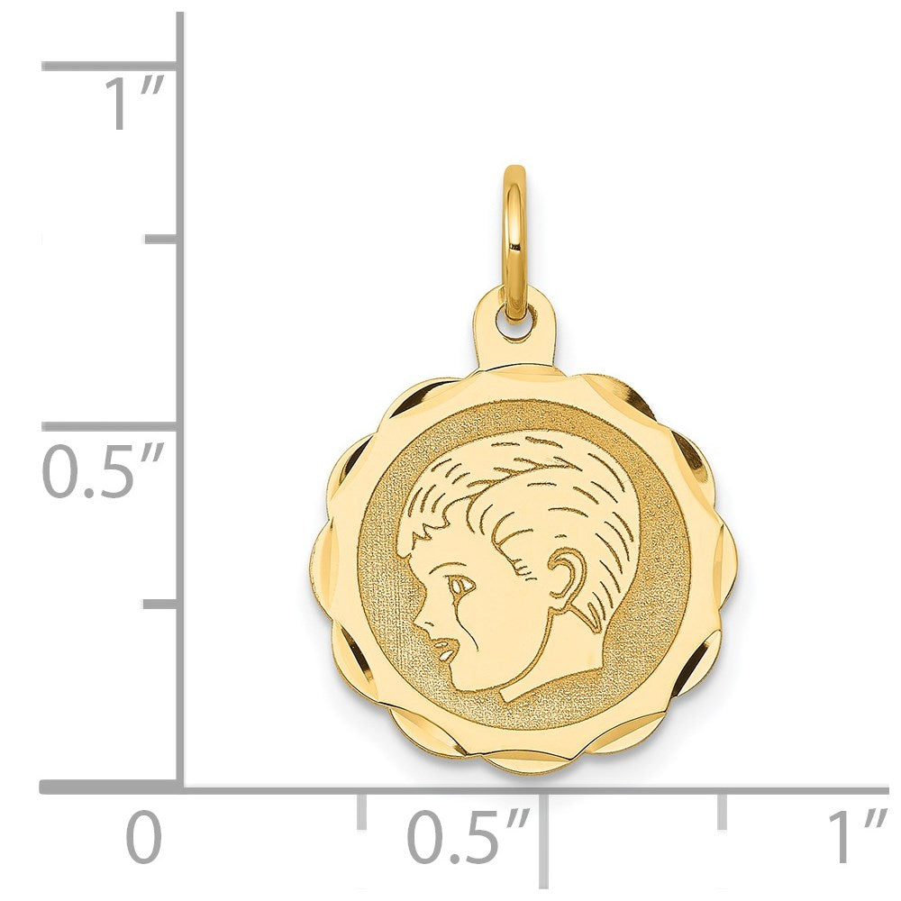 14k Yellow Gold 14k Boy Head on .013 Gauge Engravable Scalloped Disc Charm