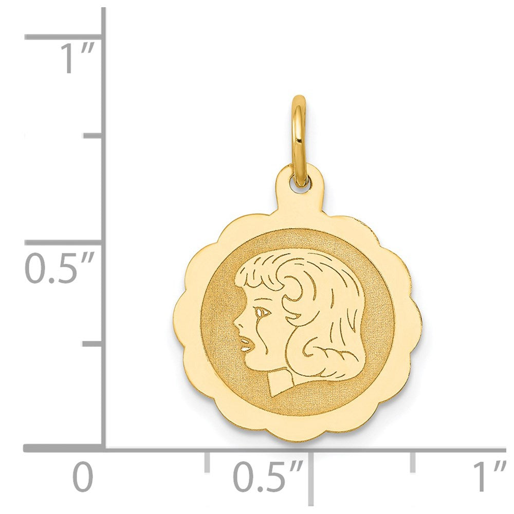 14k Yellow Gold 14k Girl Head on .013 Gauge Engravable Scalloped Disc Charm