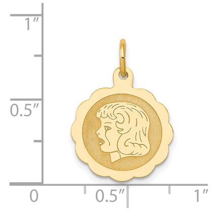 14k Yellow Gold 14k Girl Head on .013 Gauge Engravable Scalloped Disc Charm