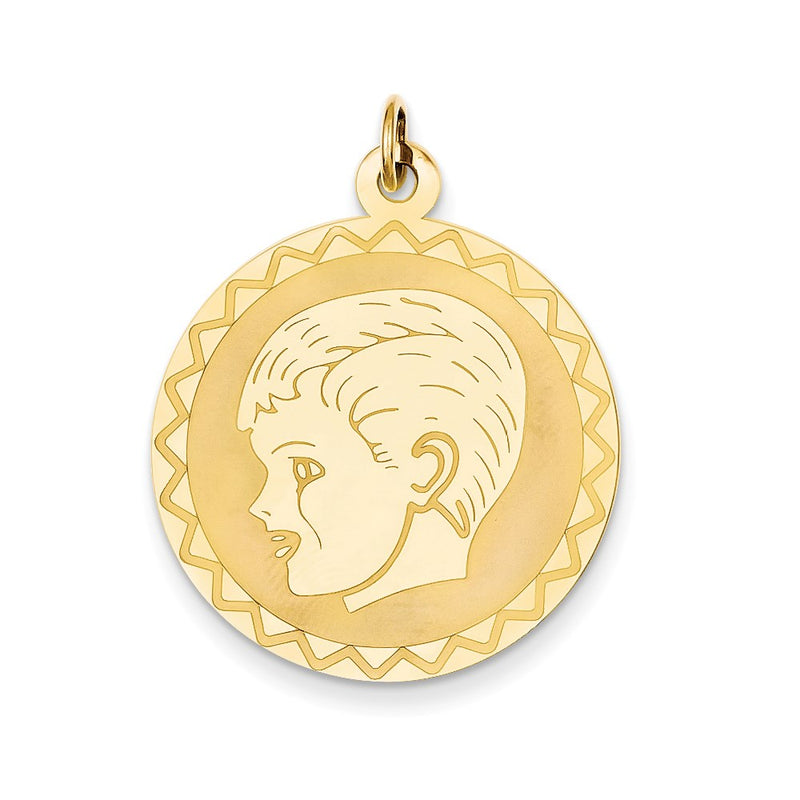 14k Yellow Gold Boy Head on .018 Gauge Engravable Scalloped Disc Charm