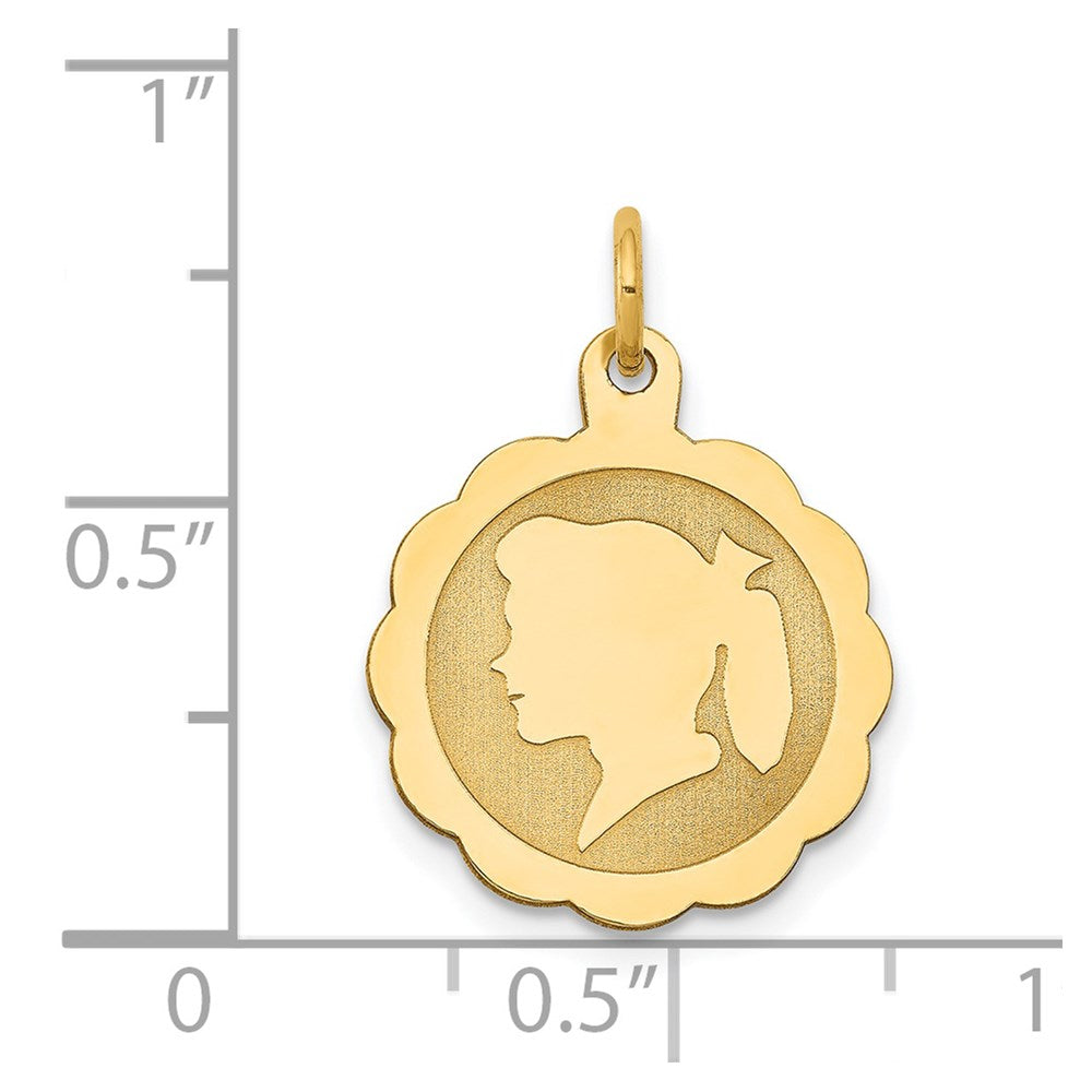 14k Yellow Gold 14k Girl Head on .018 Gauge Engravable Scalloped Disc Charm