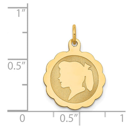 14k Yellow Gold 14k Girl Head on .018 Gauge Engravable Scalloped Disc Charm