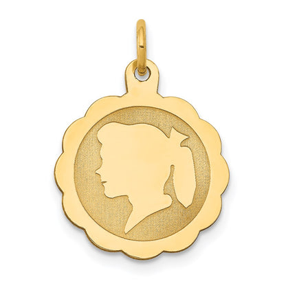14k Yellow Gold Girl Head on Engravable Scalloped Disc Charm