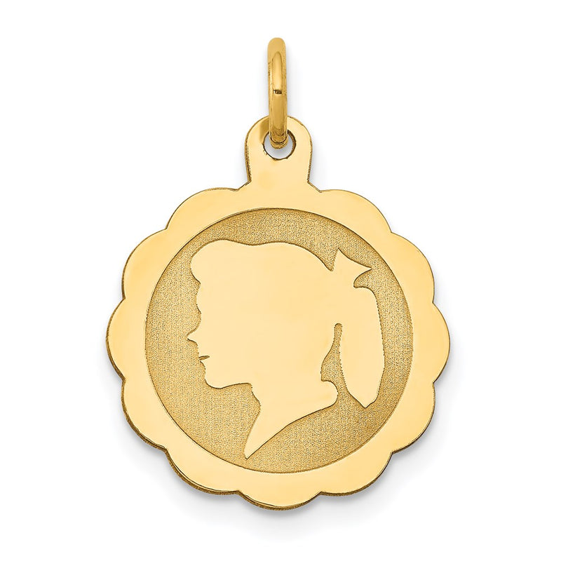 14k Yellow Gold Girl Head on Engravable Scalloped Disc Charm
