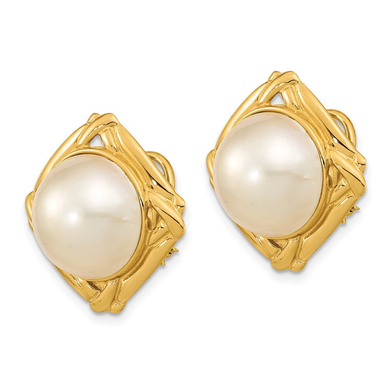 14K Yellow Gold 13 14mm White Mabe Saltwater Cultured Pearl Omega Back Earrings