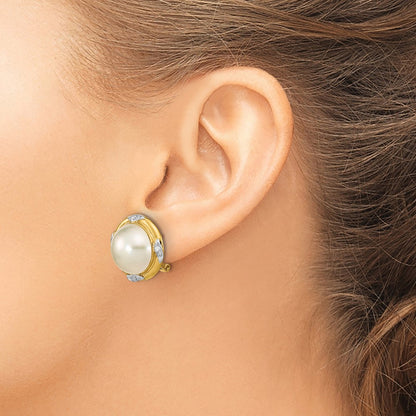 14K Yellow Gold 13 14mm White Mabe Saltwater Cultured Pearl And .16 Carat Diamond Omega Back Earrings