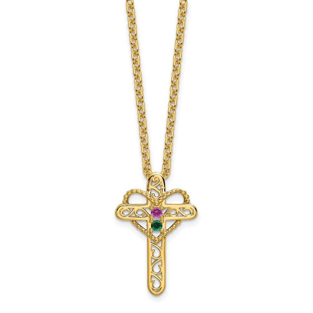 14K Yellow Gold Genuine 2 Stone Mother's Cross Pendant
