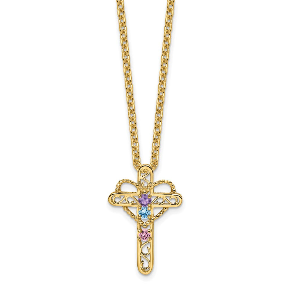14K Yellow Gold Genuine 3 Stone Mother's Cross Pendant