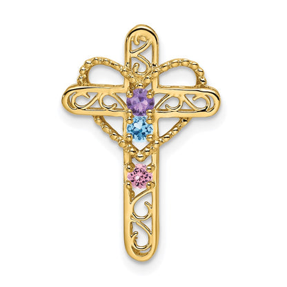 14K Yellow Gold Genuine 3 Stone Mother's Cross Pendant