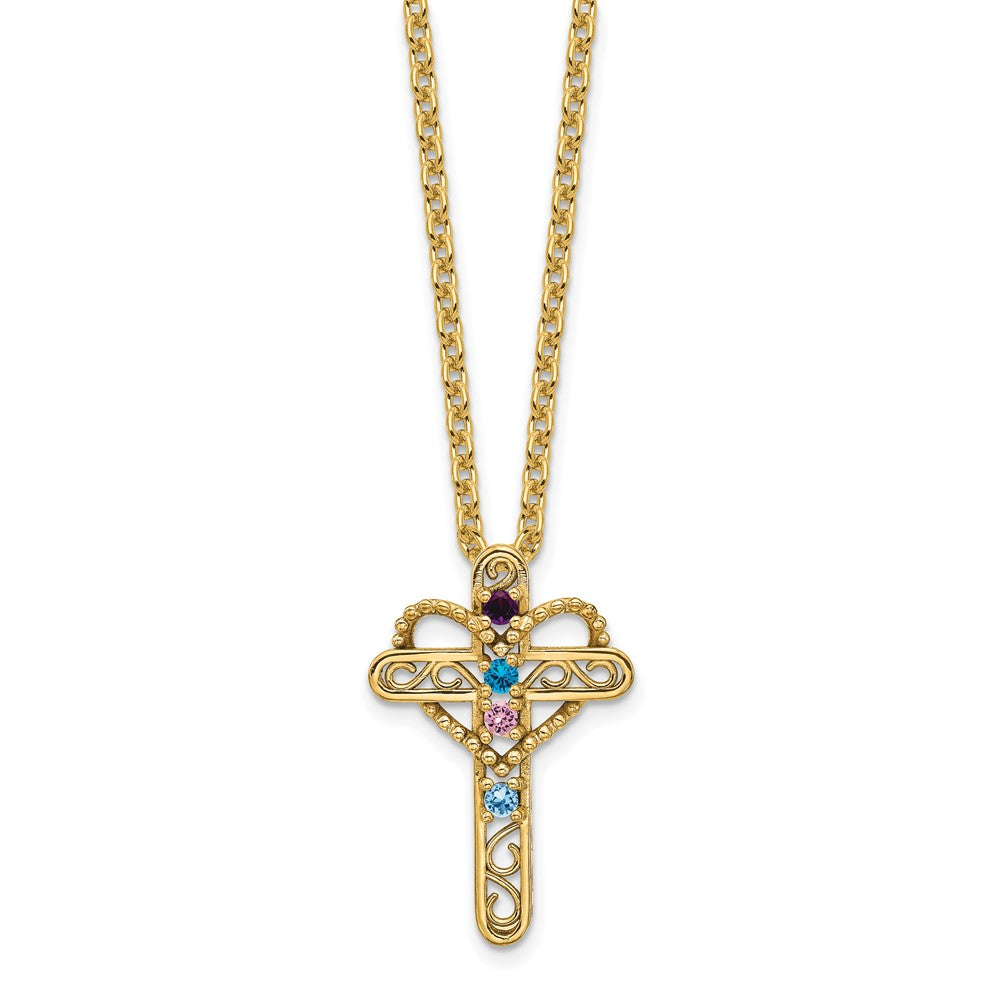 14K Yellow Gold Genuine 4 Stone Mother's Cross Pendant