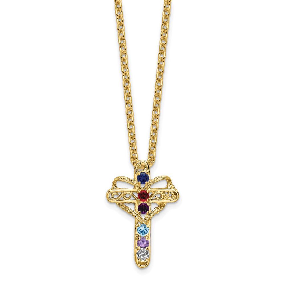 14K Yellow Gold Genuine 6 Stone Mother's Cross Pendant
