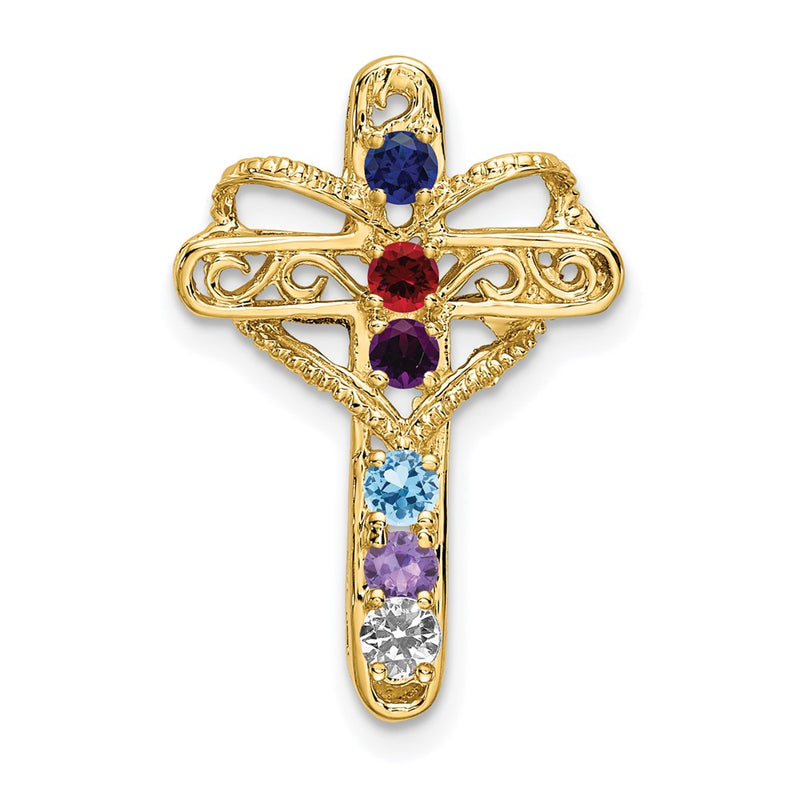 14K Yellow Gold Genuine 6 Stone Mother's Cross Pendant