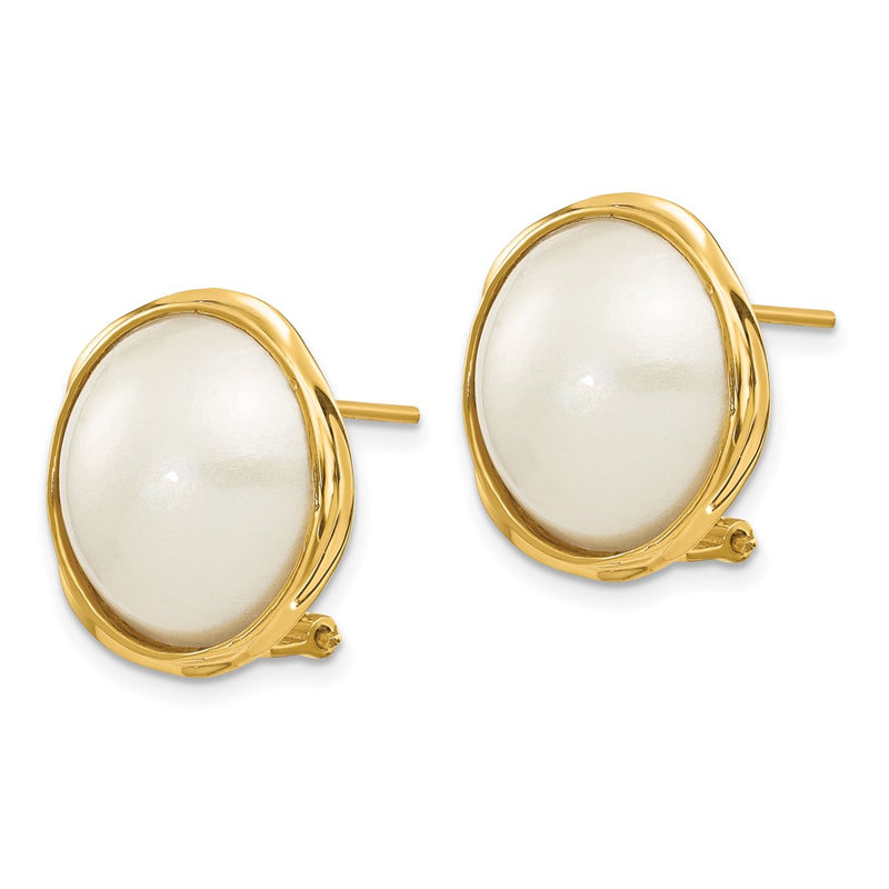 14K Yellow Gold 14-15mm White Freshwater Cultured Mabe Pearl Omega Back Earrings