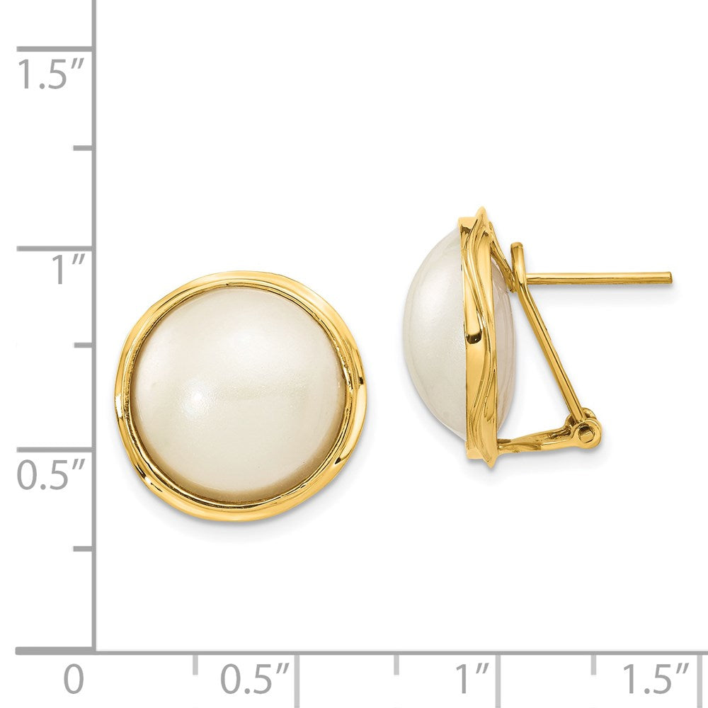 14K Yellow Gold 14-15mm White Freshwater Cultured Mabe Pearl Omega Back Earrings