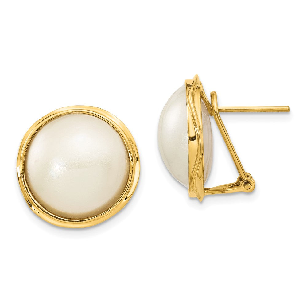 14K Yellow Gold 14-15mm White Freshwater Cultured Mabe Pearl Omega Back Earrings