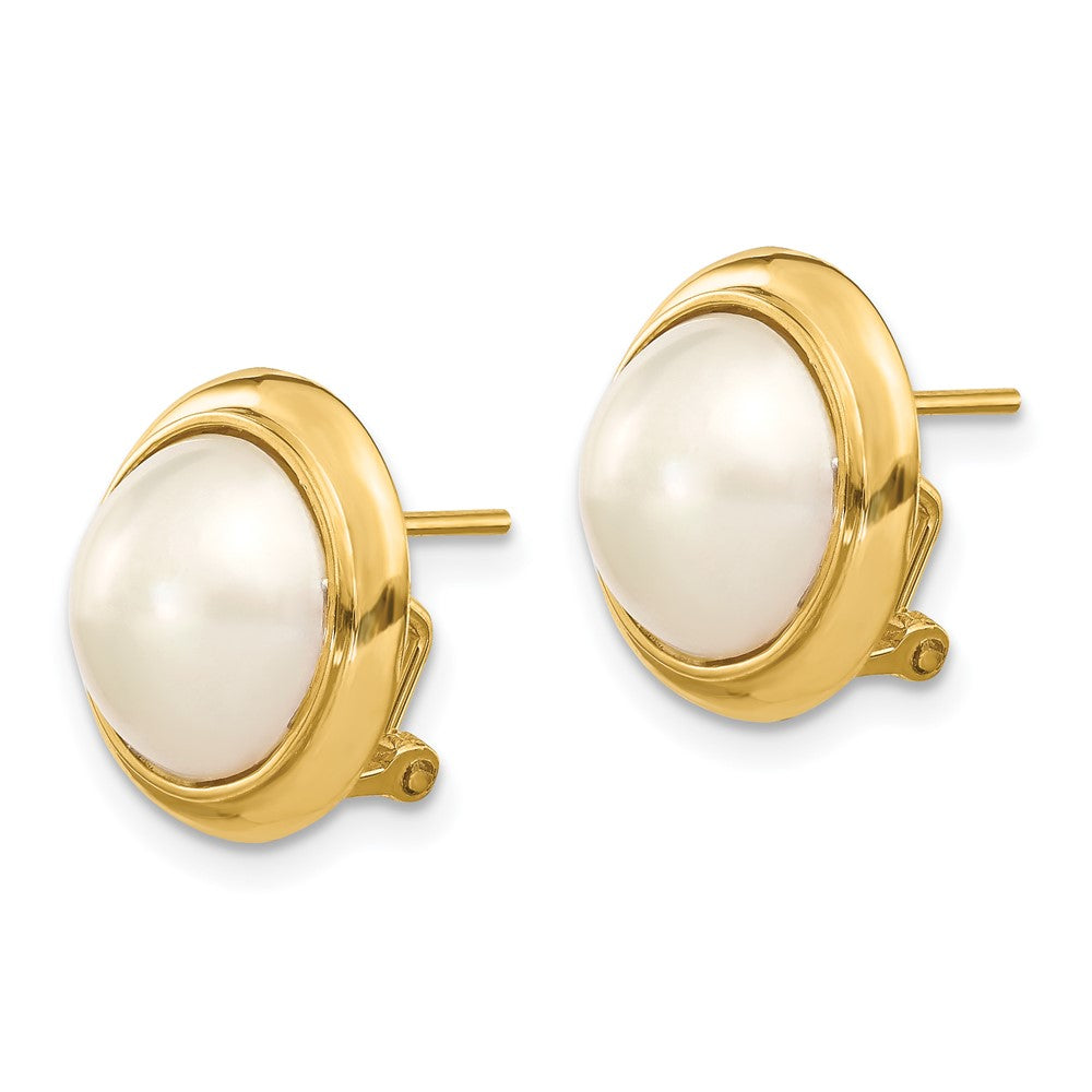 14K Yellow Gold 10-11mm White Freshwater Cultured Mabe Pearl Omega Back Earrings