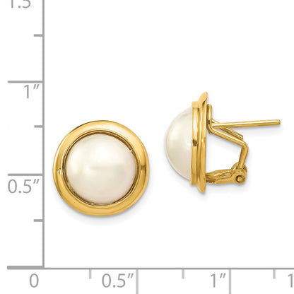 14K Yellow Gold 10-11mm White Freshwater Cultured Mabe Pearl Omega Back Earrings