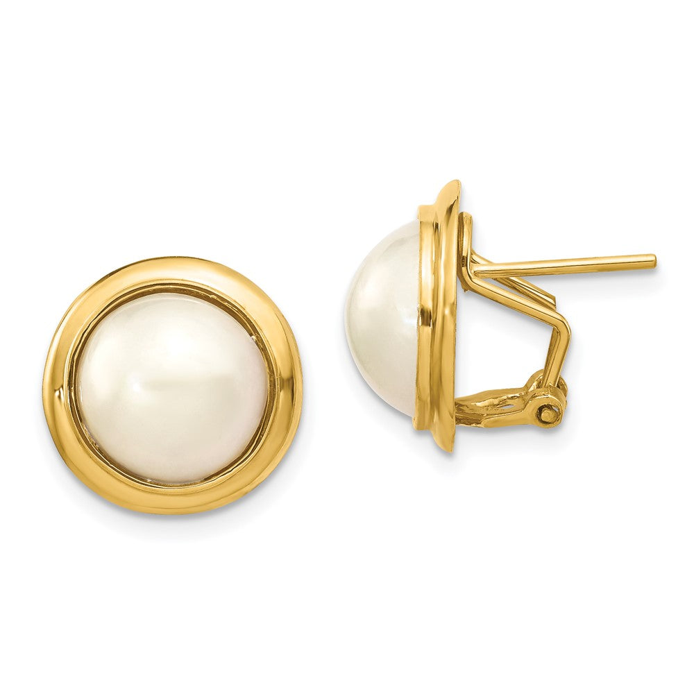 14K Yellow Gold 10-11mm White Freshwater Cultured Mabe Pearl Omega Back Earrings