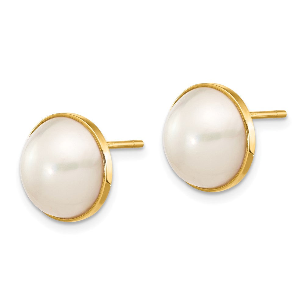 14K Yellow Gold 9-10mm White Freshwater Cultured Mabe Pearl Post Earrings