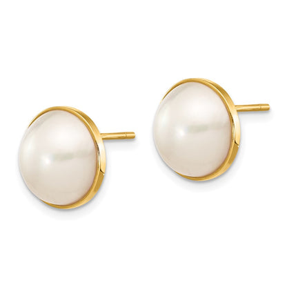 14K Yellow Gold 9-10mm White Freshwater Cultured Mabe Pearl Post Earrings