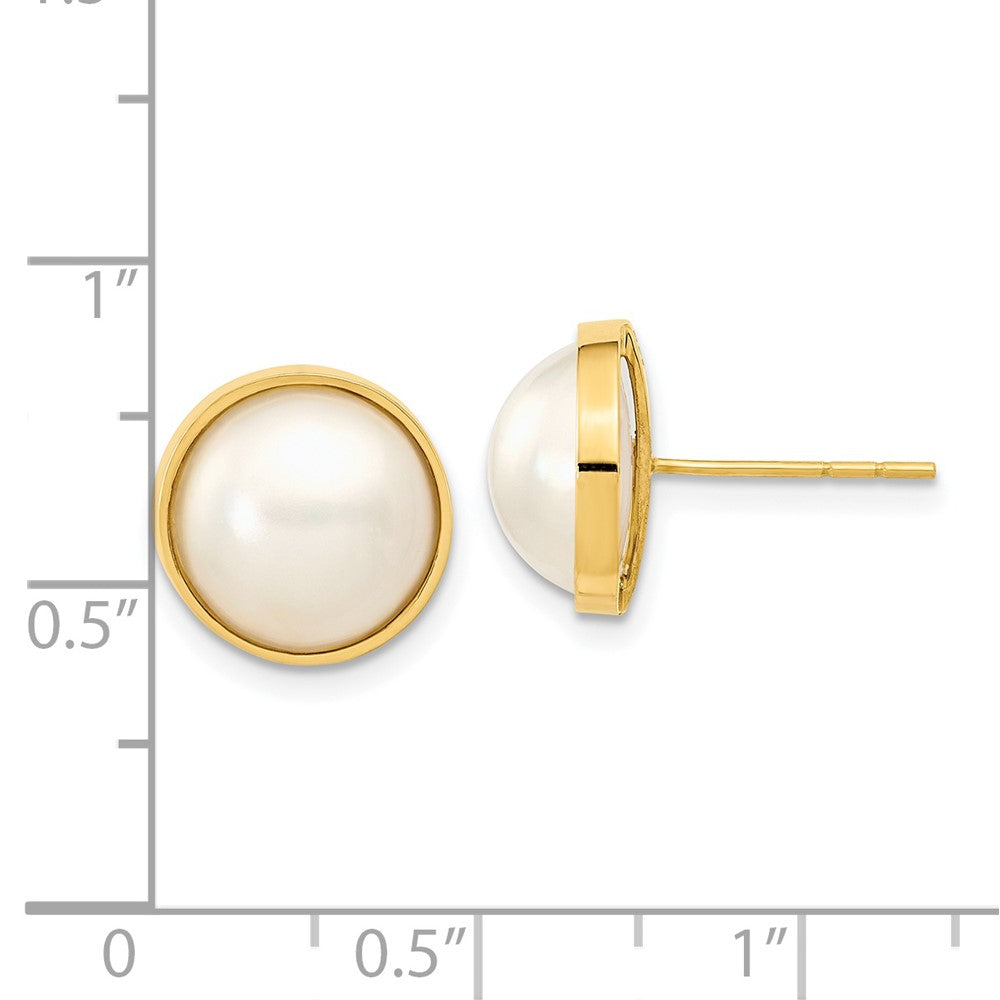 14K Yellow Gold 9-10mm White Freshwater Cultured Mabe Pearl Post Earrings