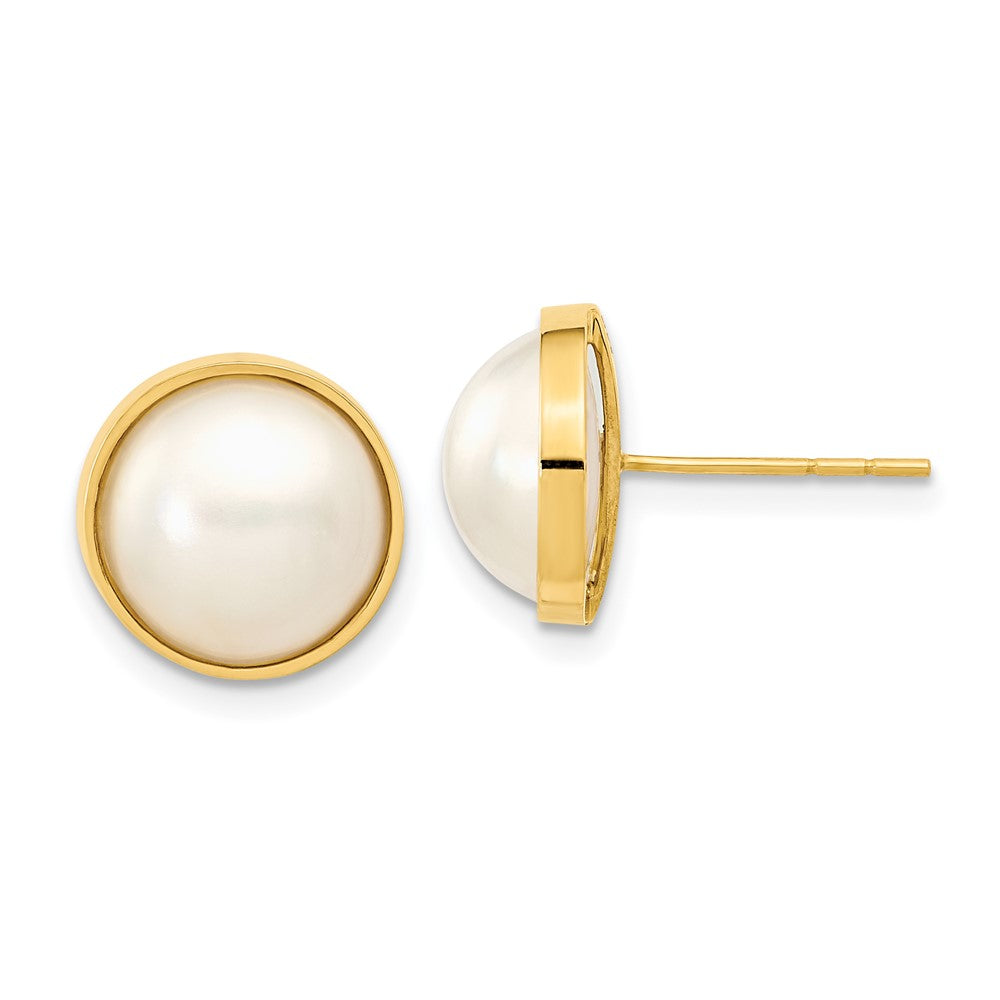 14K Yellow Gold 9-10mm White Freshwater Cultured Mabe Pearl Post Earrings