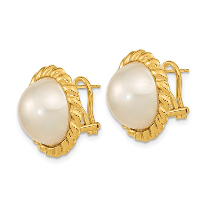 14K Yellow Gold 13-14mm White Mabe Saltwater Cultured Pearl Omega Back Earrings