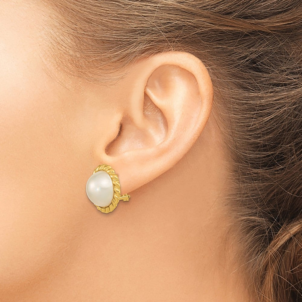 14K Yellow Gold 13-14mm White Mabe Saltwater Cultured Pearl Omega Back Earrings