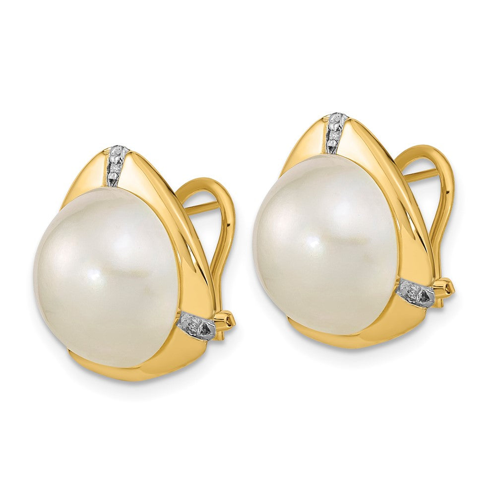 14K Yellow Gold 12-13mm White Saltwater Mabe Pearl .06ct Diamond Omega Back Earrings