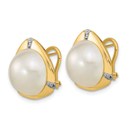 14K Yellow Gold 12-13mm White Saltwater Mabe Pearl .06ct Diamond Omega Back Earrings