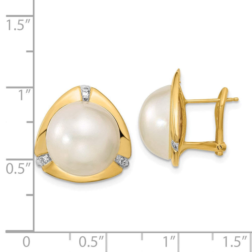 14K Yellow Gold 12-13mm White Saltwater Mabe Pearl .06ct Diamond Omega Back Earrings