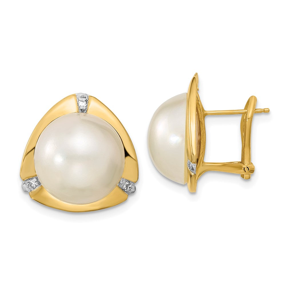 14K Yellow Gold 12-13mm White Saltwater Mabe Pearl .06ct Diamond Omega Back Earrings