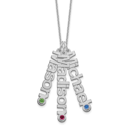 14K White Gold 14Kw Satin 3 Names Birthstone W/ Bezel Necklace