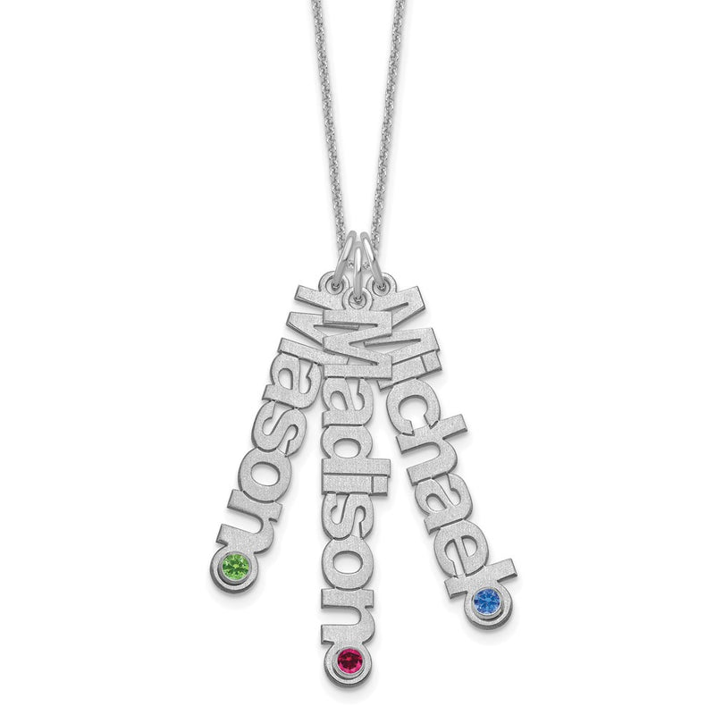 14K White Gold 14Kw Satin 3 Names Birthstone W/ Bezel Necklace
