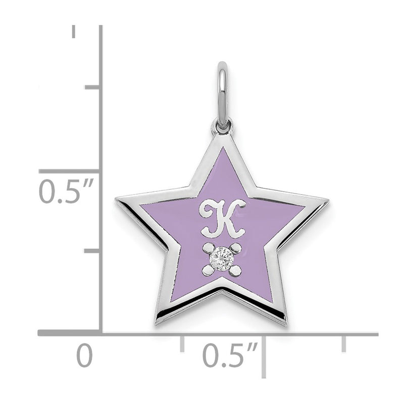 Sterling Silver Silver/Rhodium Plated Initial Enameled Star With Diamond Charm