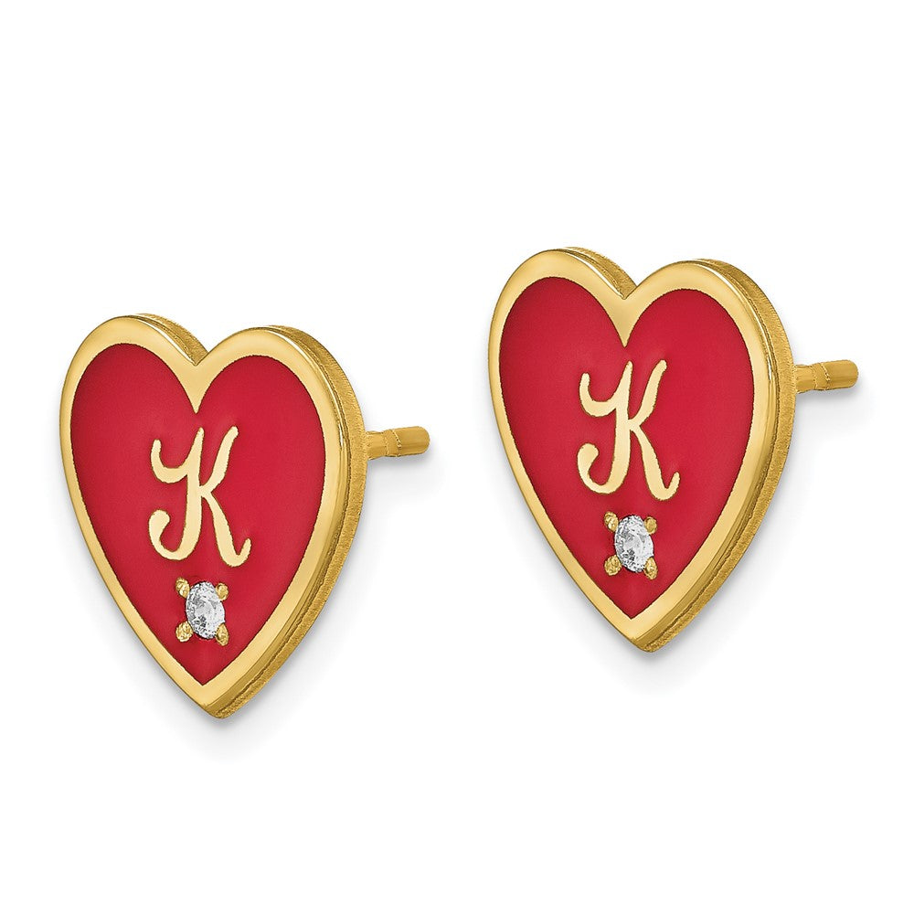 Gold Plated Sterling Silver/Gold Initial Enameled Heart With Diamond Post Earrin