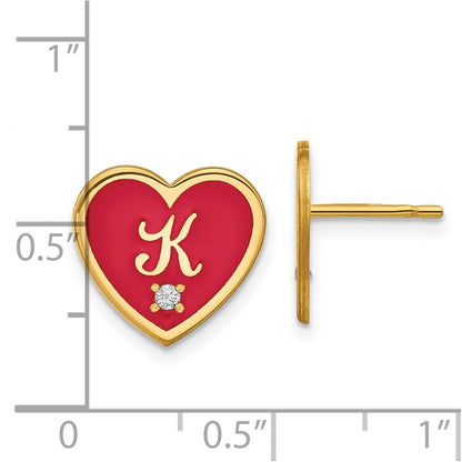 Gold Plated Sterling Silver/Gold Initial Enameled Heart With Diamond Post Earrin