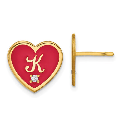 Gold Plated Sterling Silver/Gold Initial Enameled Heart With Diamond Post Earrin