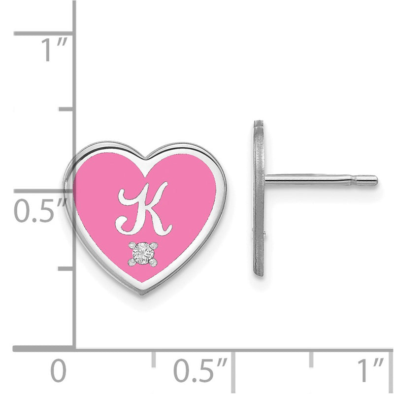 Sterling Silver Rhodium Plated Initial Enameled Heart With Diamond Post Earrings