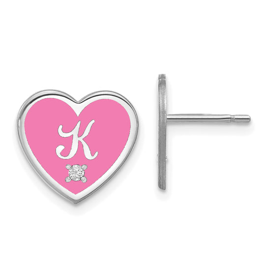 Sterling Silver Rhodium Plated Initial Enameled Heart With Diamond Post Earrings