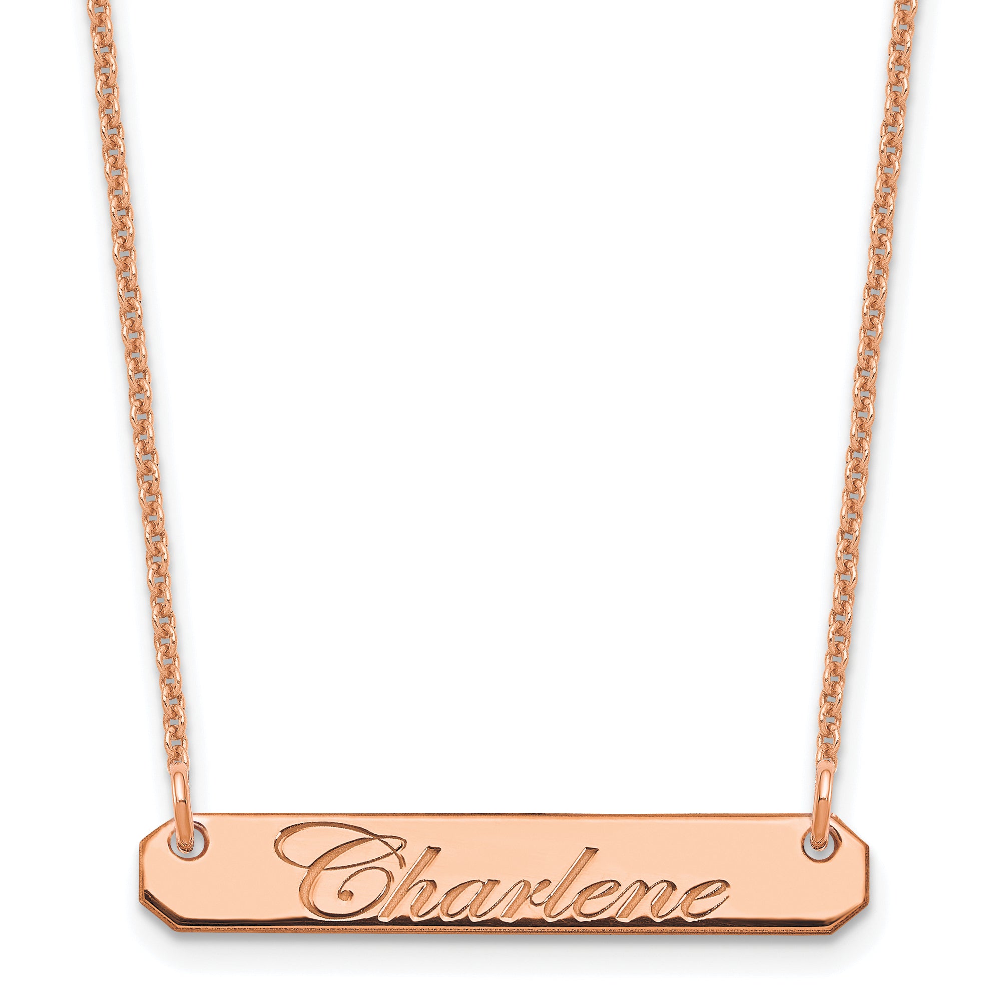 14K Rose Gold Small Edwardian Script Bar Necklace