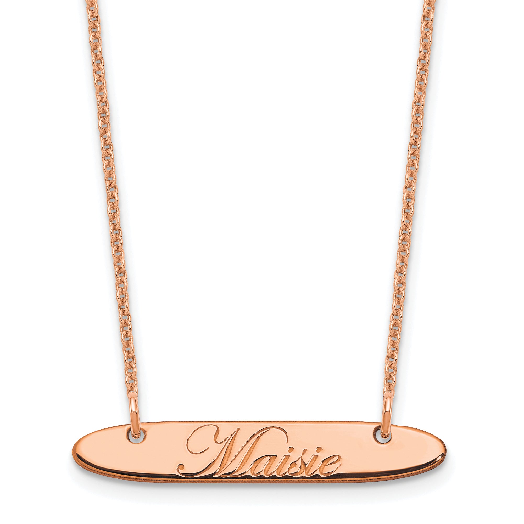14K Rose Gold Small Oblong Edwardian Script Bar Necklace