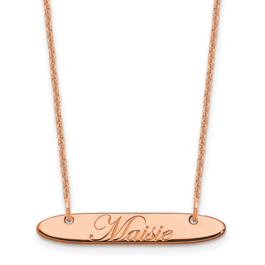14K Rose Gold Small Oblong Edwardian Script Bar Necklace