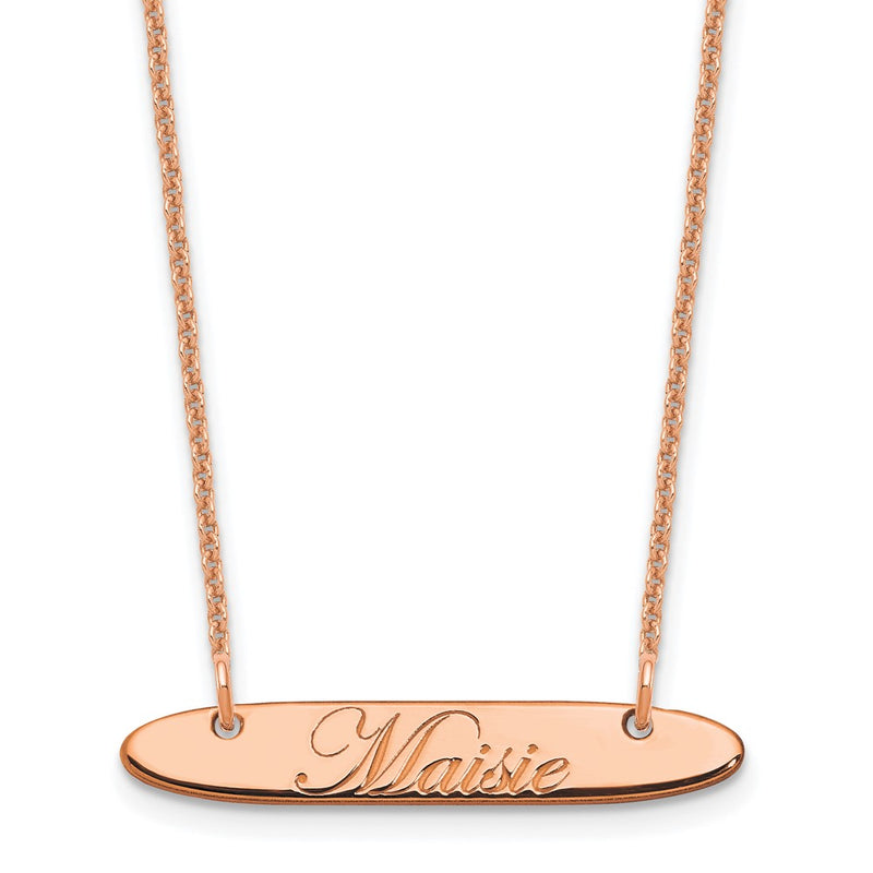14K Rose Gold Small Oblong Edwardian Script Bar Necklace