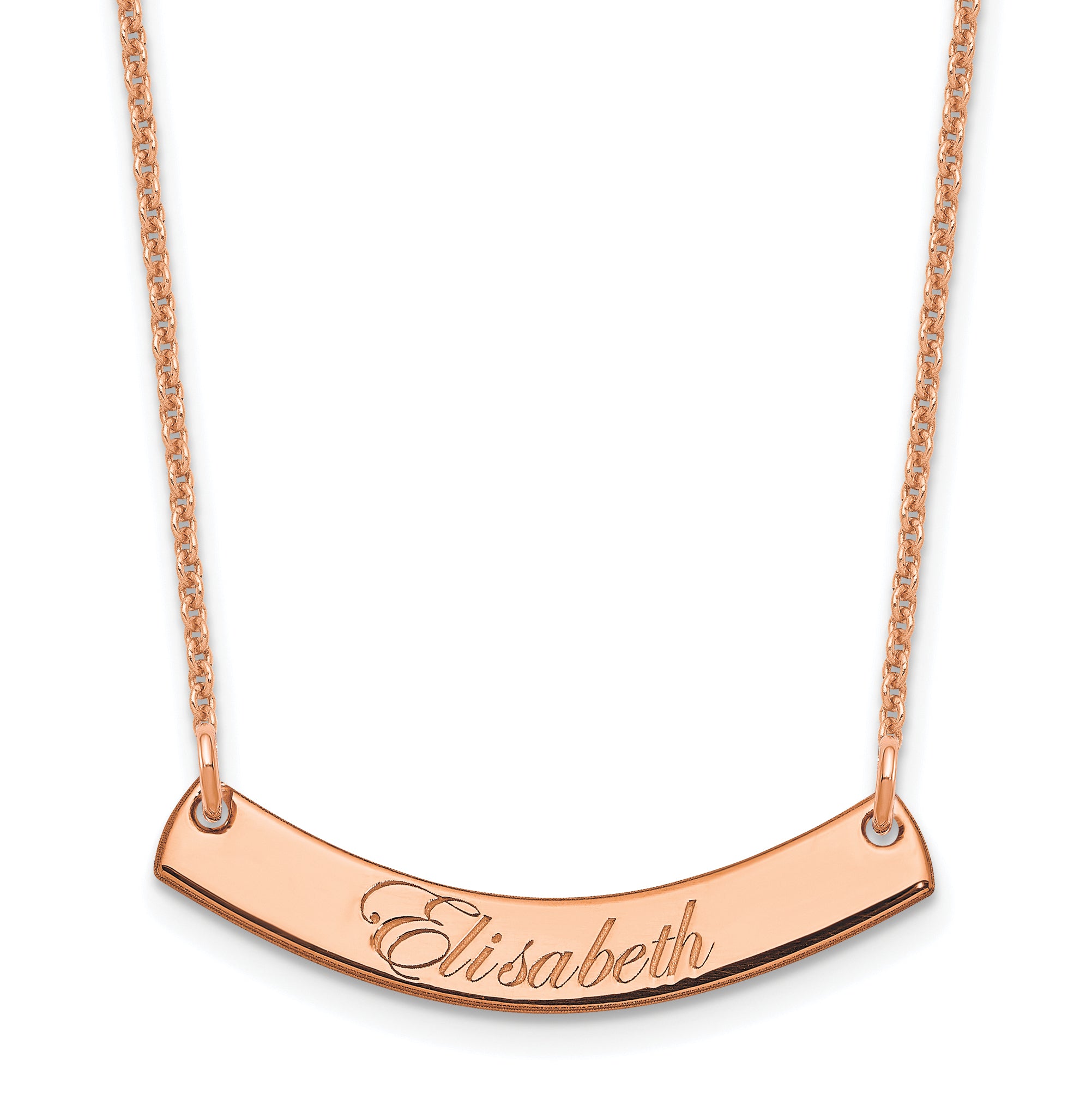 14K Rose Gold Small Edwardian Script Curved Bar Necklace