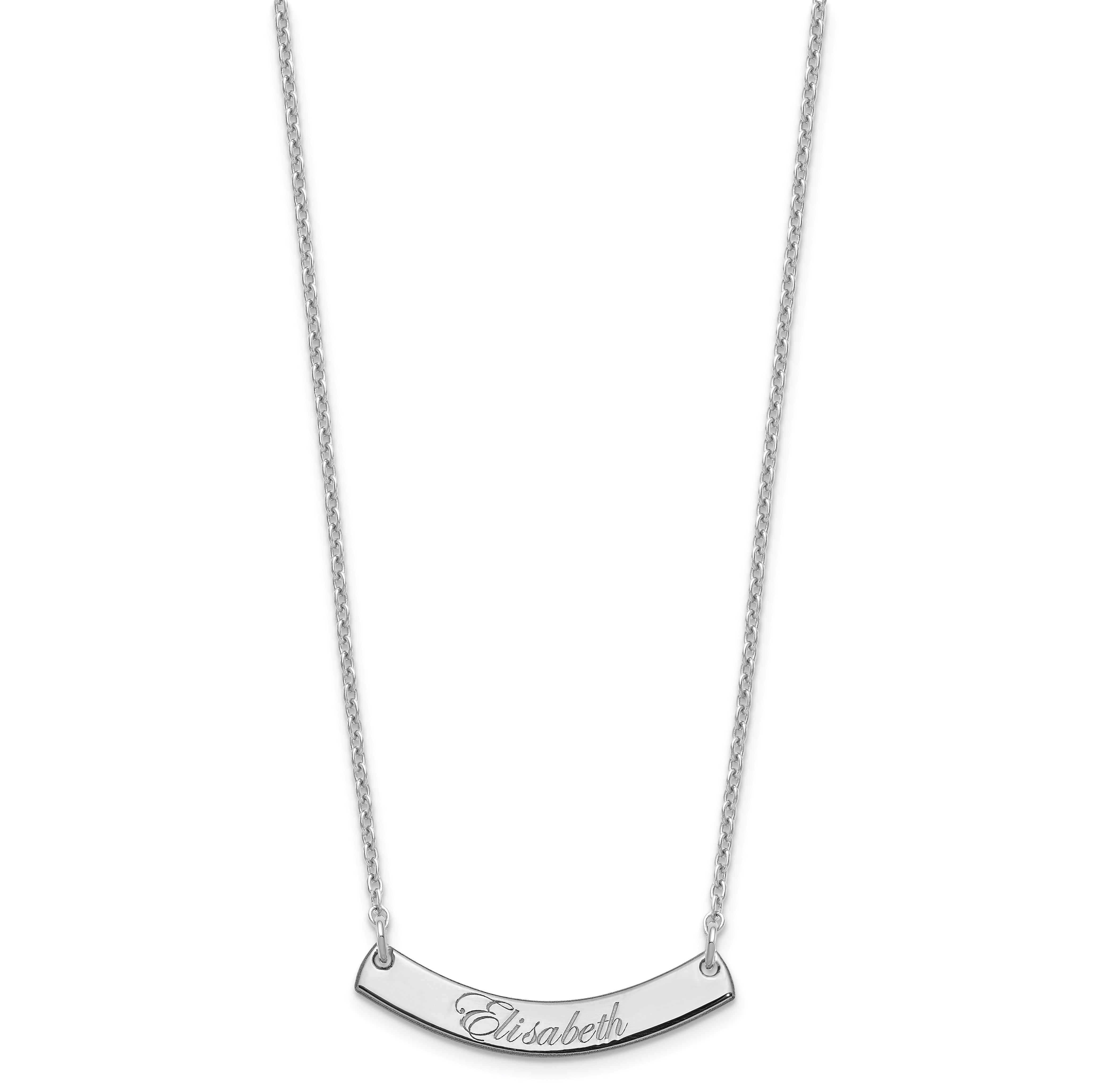 Sterling Silver Rhodium Plated Small Edwardian Script Curved Bar Necklace