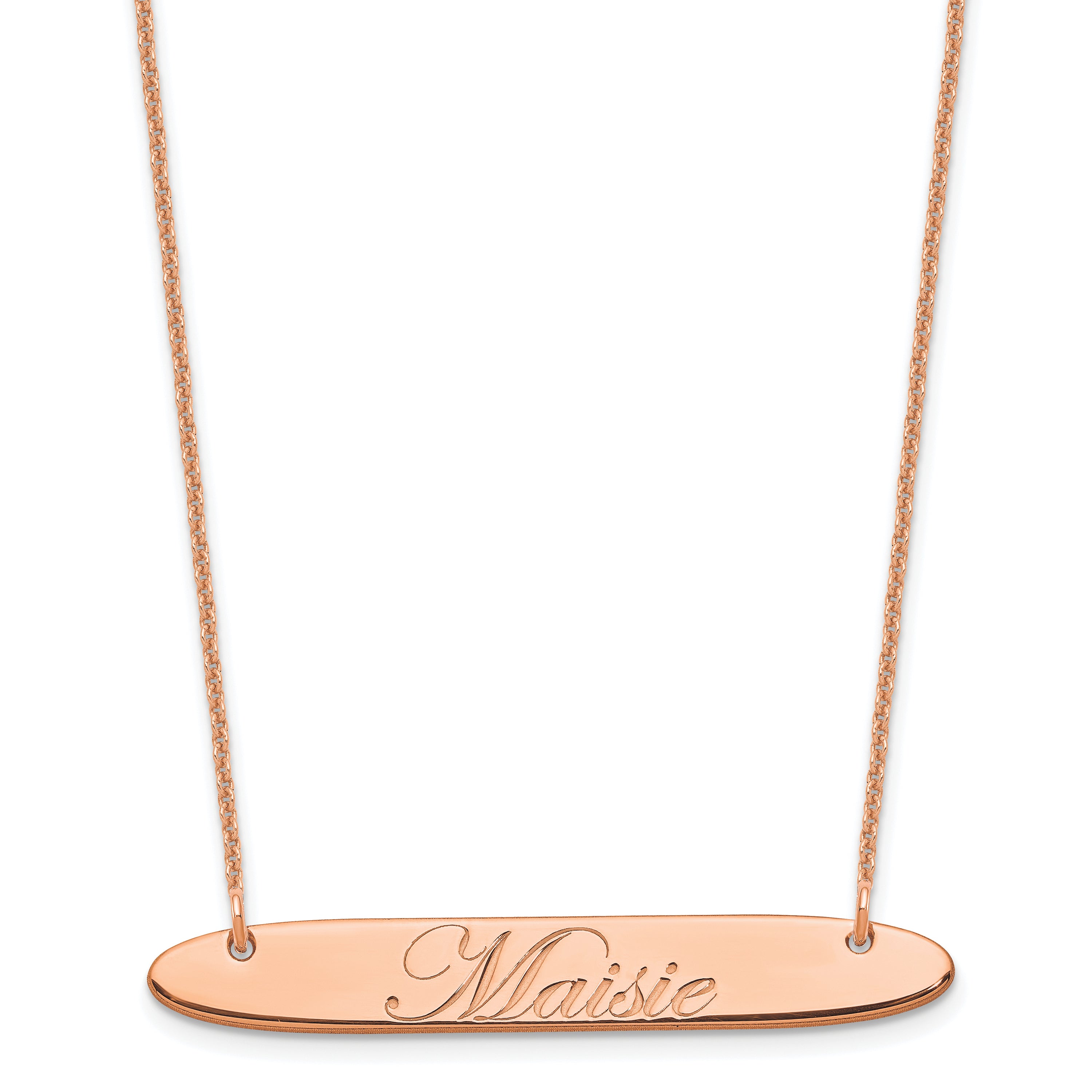 14K Rose Gold Medium Oblong Edwardian Script Bar Necklace