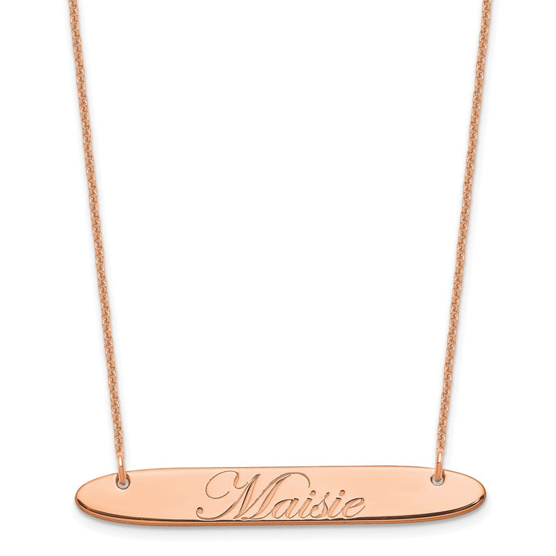 14K Rose Gold Medium Oblong Edwardian Script Bar Necklace